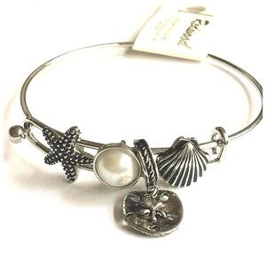 Sand Dollar Starfish Shell Charm Bracelet 8" Pearl Island Sea Life Silver Plated